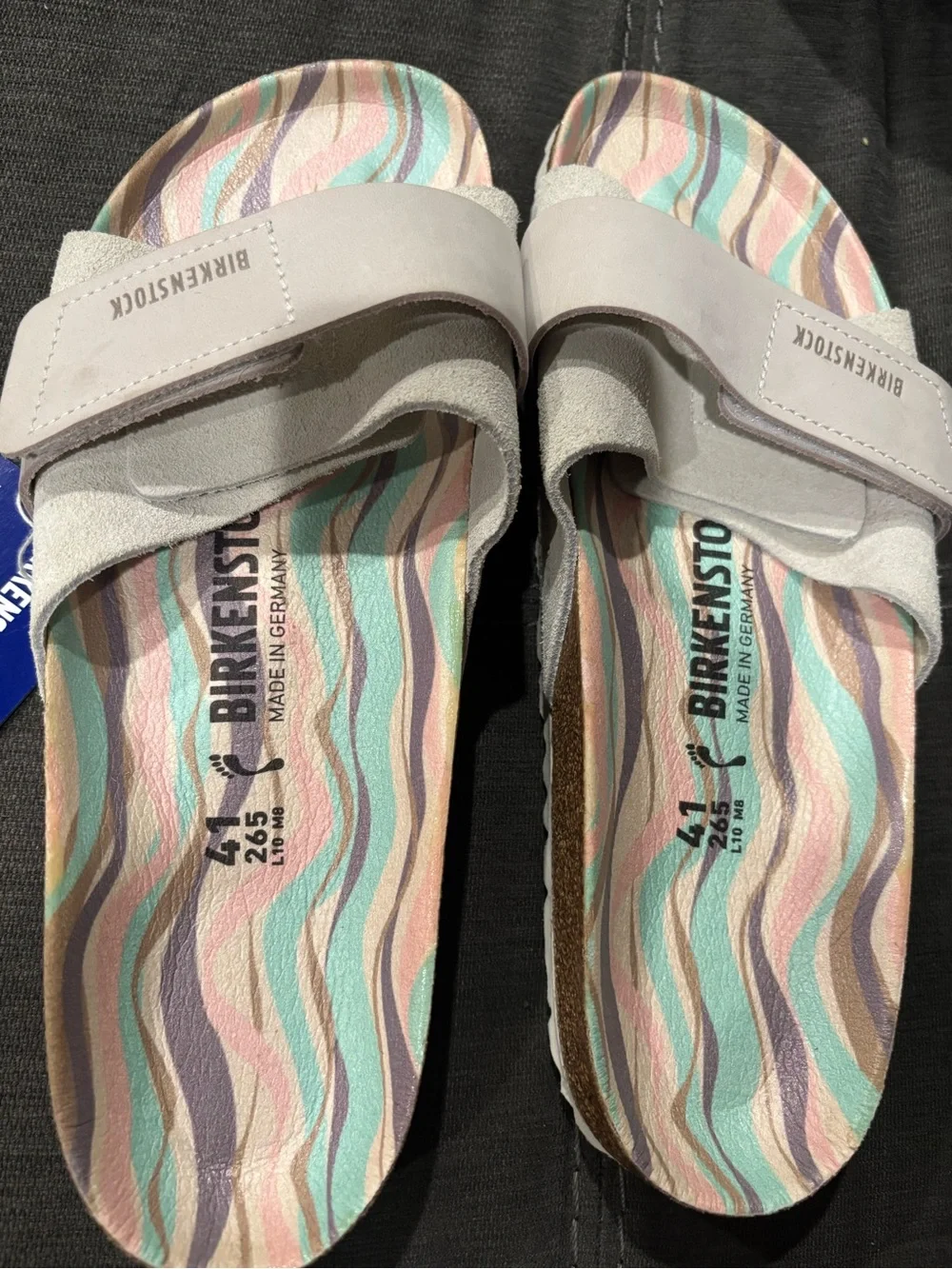 Birkenstock Womens Tan Suede Slide Sandals with Multicolor Wavy Footbed